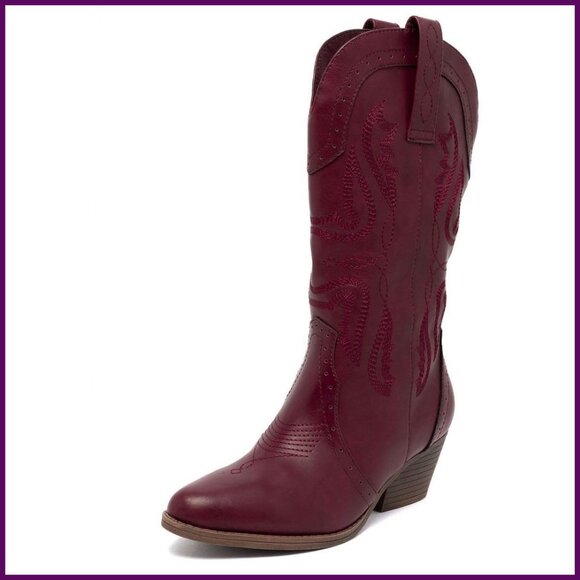 Women's Western Boots Mid-Calf Pointed Toe Pull-On Faux Leather